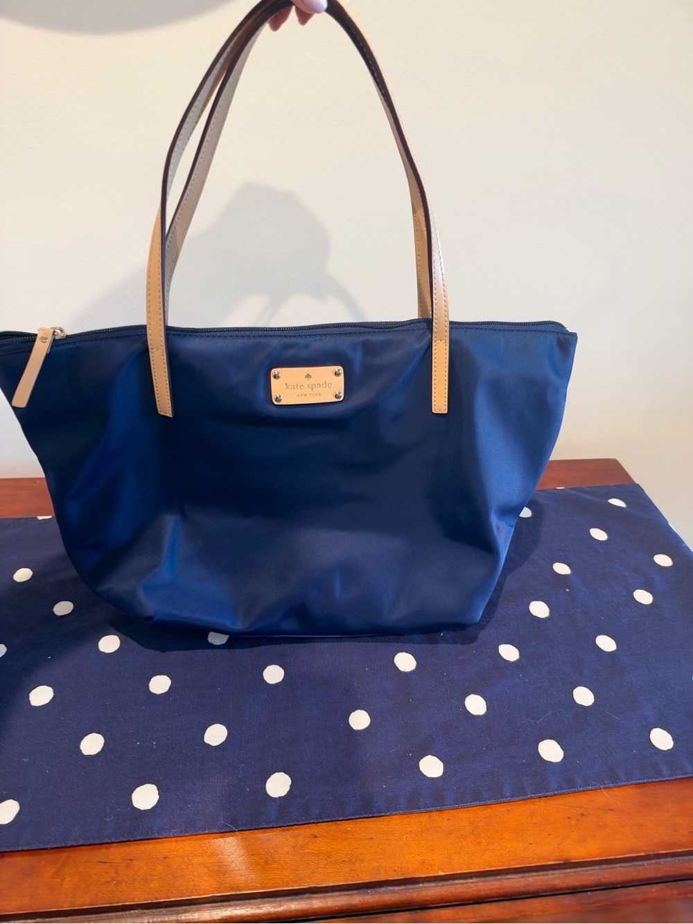 kate spade navy tote with tan straps